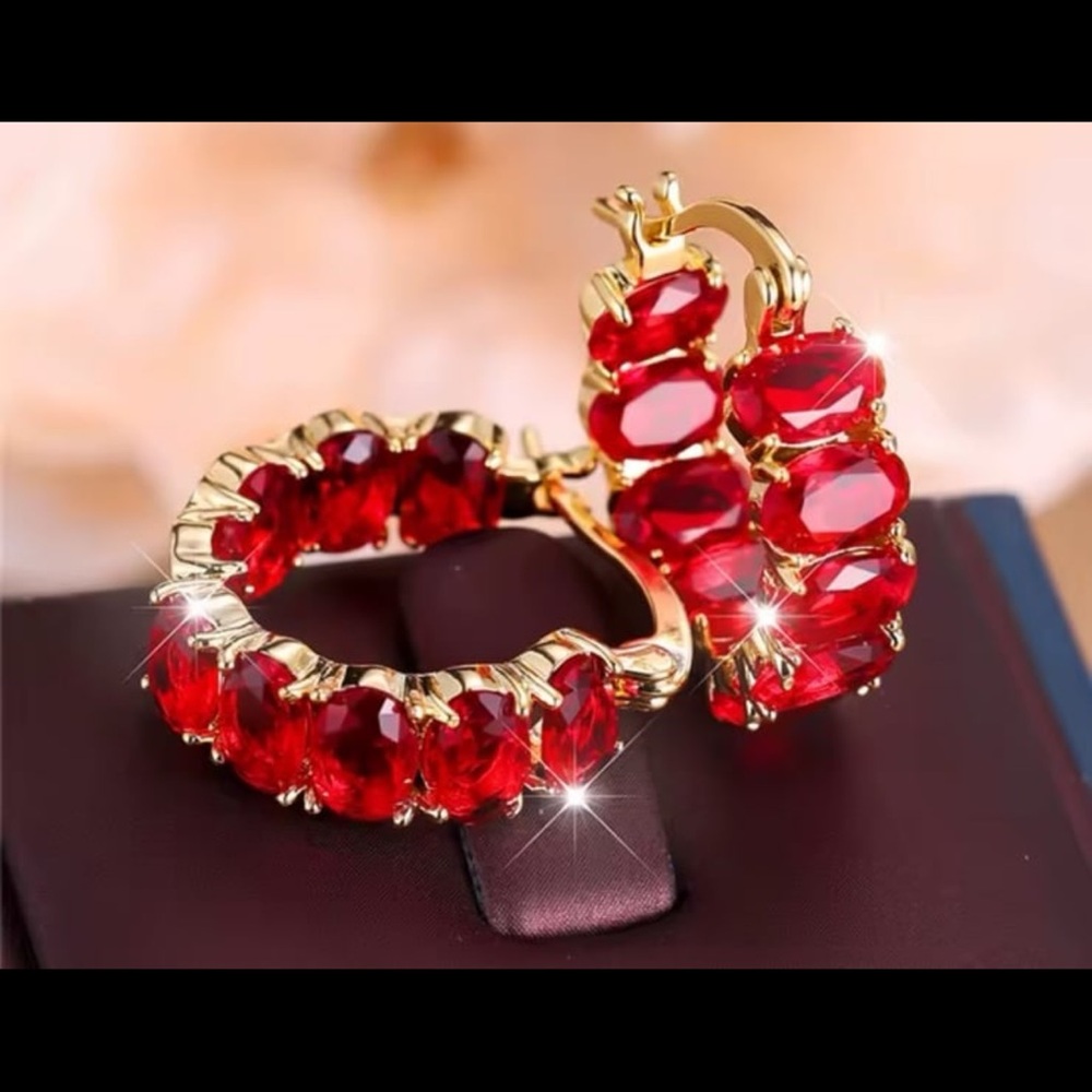 925/18K gold plated ruby oval cut inside out hoop earrings with swarovski #123 - Picture 3 of 13